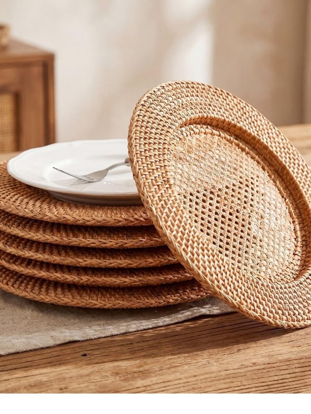 Boho Woven Rattan Charger Plates - Natural Tan (Set 6)